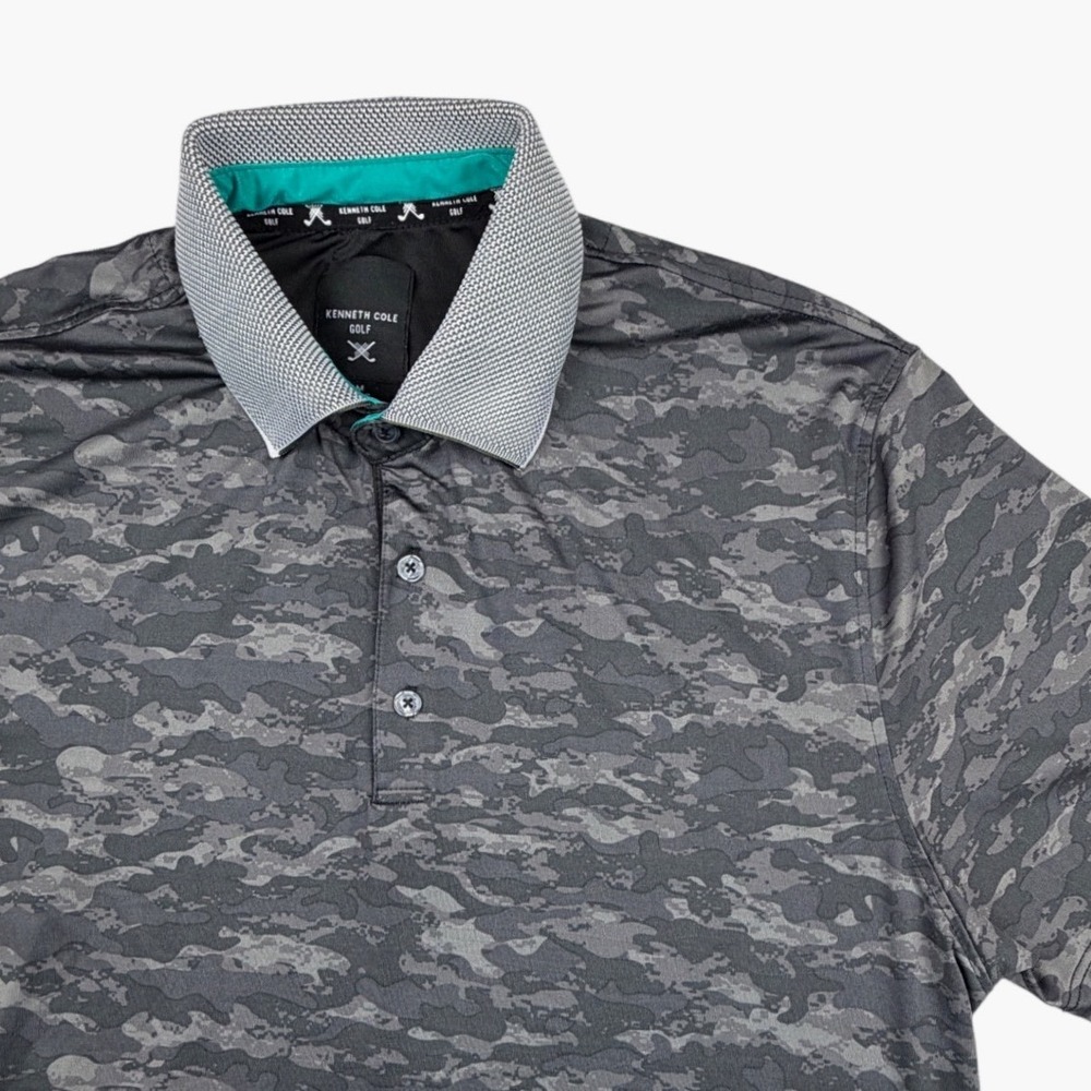 Kenneth Cole Golf Mens Medium Grey Camo Polo Shirt Performance Short Sleeve M
